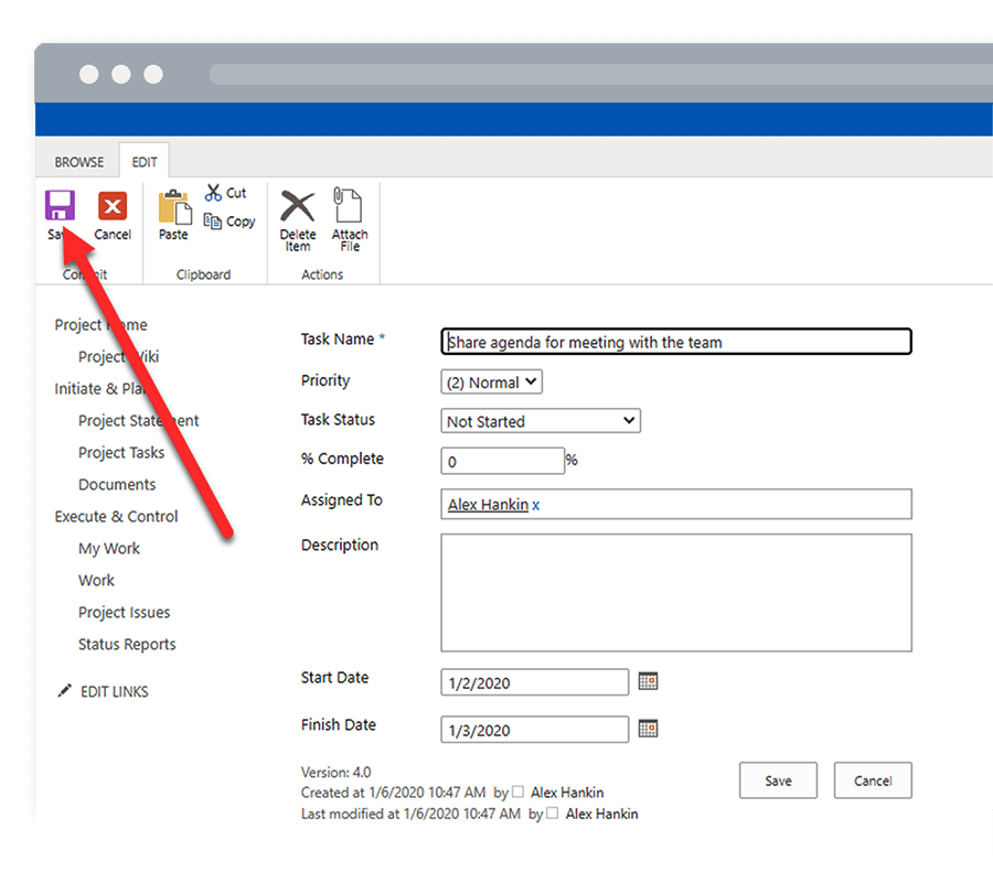 Add project tasks SharePoint